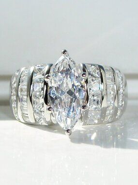 925 STERLING SILVER Marquise CZ With Round, Princess, Baguettes Channel Set Ring